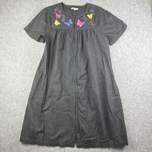Go Softly Patio House Dress Mumu L Black Denim Embroidered Butterfly Pockets Zip